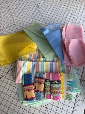 Vintage Fabric Lot Organdy Rick Rack Striped Cotton Mint Green Sewing Bundle